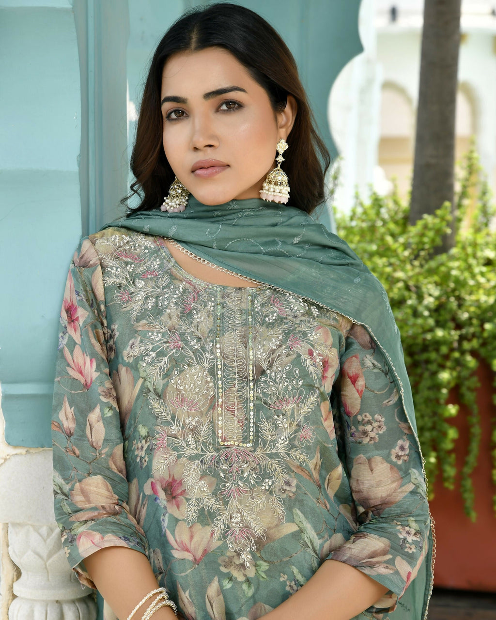 Vaasva Women's Teal Tissue Embroidered Suit Set With Solid Pant And Embroidered Dupatta