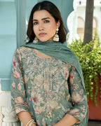 Vaasva Women's Teal Tissue Embroidered Suit Set With Solid Pant And Embroidered Dupatta