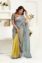 Joban Fashion Grey  Striped Linen Ready To Wear Saree With Unstitched Blouse - Distacart