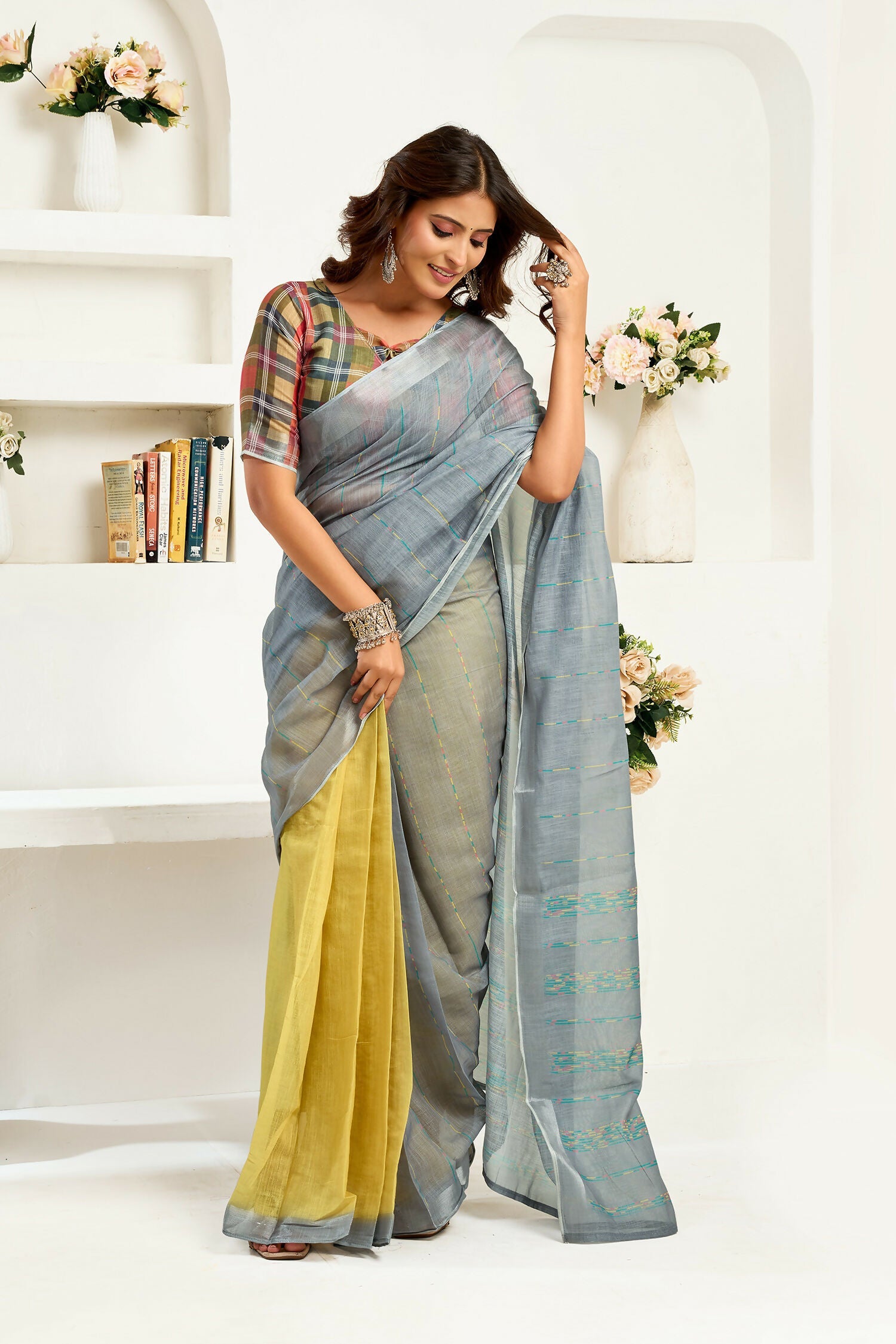 Joban Fashion Grey  Striped Linen Ready To Wear Saree With Unstitched Blouse - Distacart