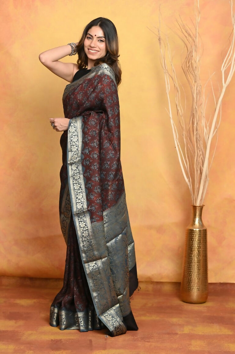 Very Much Indian Modal Silk Ajrakh Handblock Printed Natural Dyes With Designer Border Saree - Dark Maroon