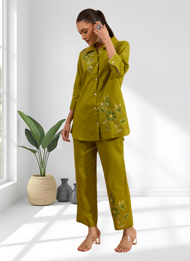Joban Fashion Green Cotton, Linen Embroidered Readymade Cord Set - Distacart