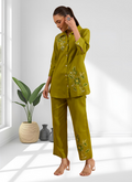 Joban Fashion Green Cotton, Linen Embroidered Readymade Cord Set - Distacart