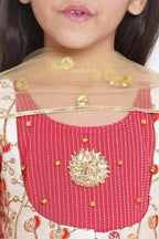 Little Bansi Floral Embroidery Jacket With Cotton Kantha Frock Sharara And Dupatta With Ghungroo Handwork - Red