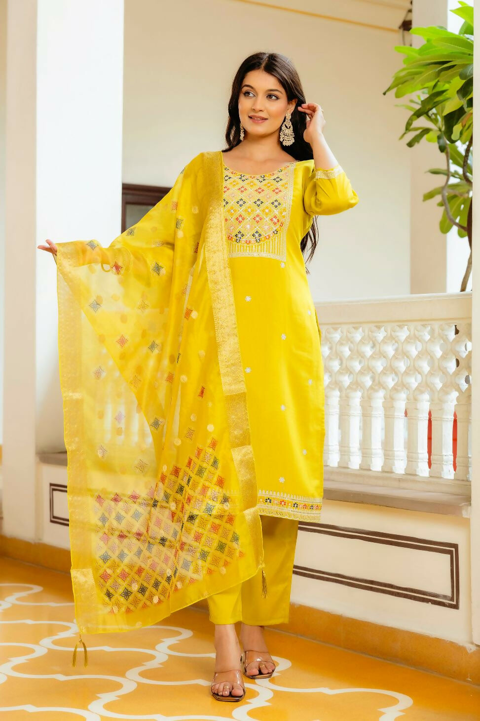 The52 Yellow Women's Beautiful Embroidered Viscose Shimmer Fabric with Straight Kurta, Pant and Dupatta Set - Distacart