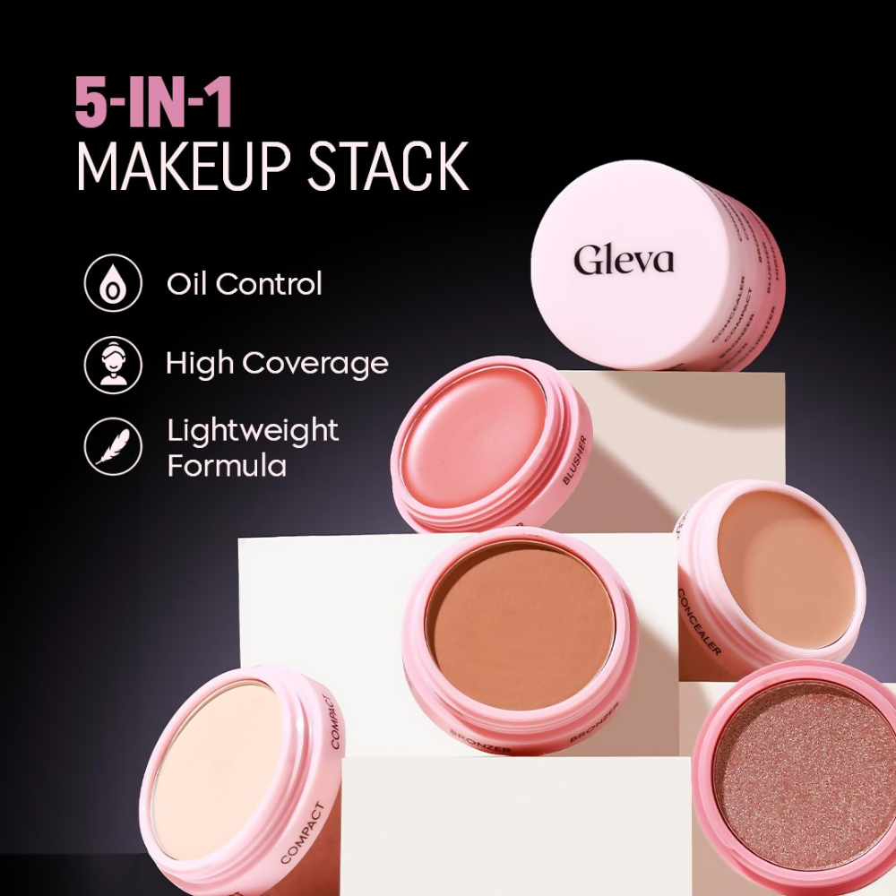 Gleva 5 In 1 Makeup stack Gleva 5 In 1 Makeup stack WIth Concealer, Bronzer, Blusher, Compact & Highlighter Smooth & Blendable Formula - Medium