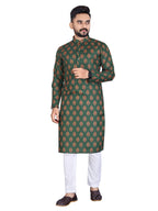 Mens Green Cotton Printed Kurta - Mahotsav