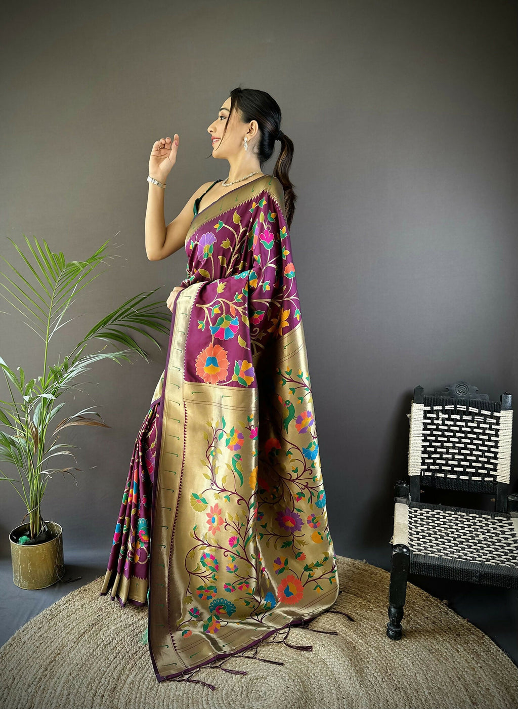 Joban Fashion Wine Zari Woven Floral Motifs Soft Silk Paithani Silk Saree - Distacart