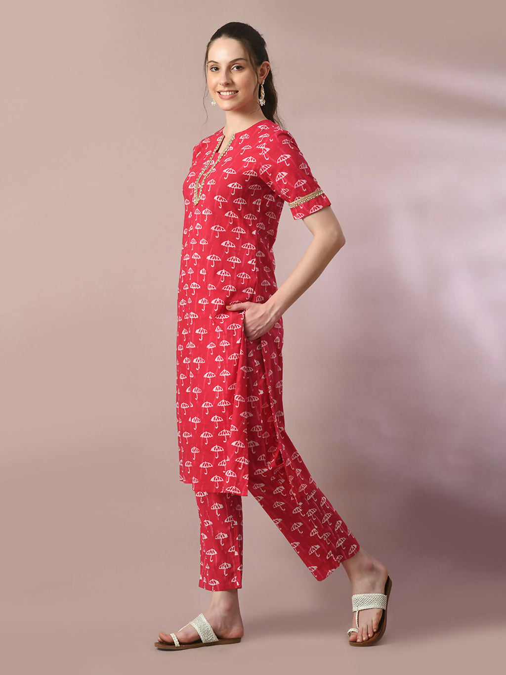 Myshka Women's Pink Printed Cotton Straight Party Kurta Set