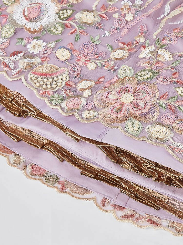 House of Panchhi Mauve Net Sequins And Thread Embroidery Lehenga Choli & Dupatta
