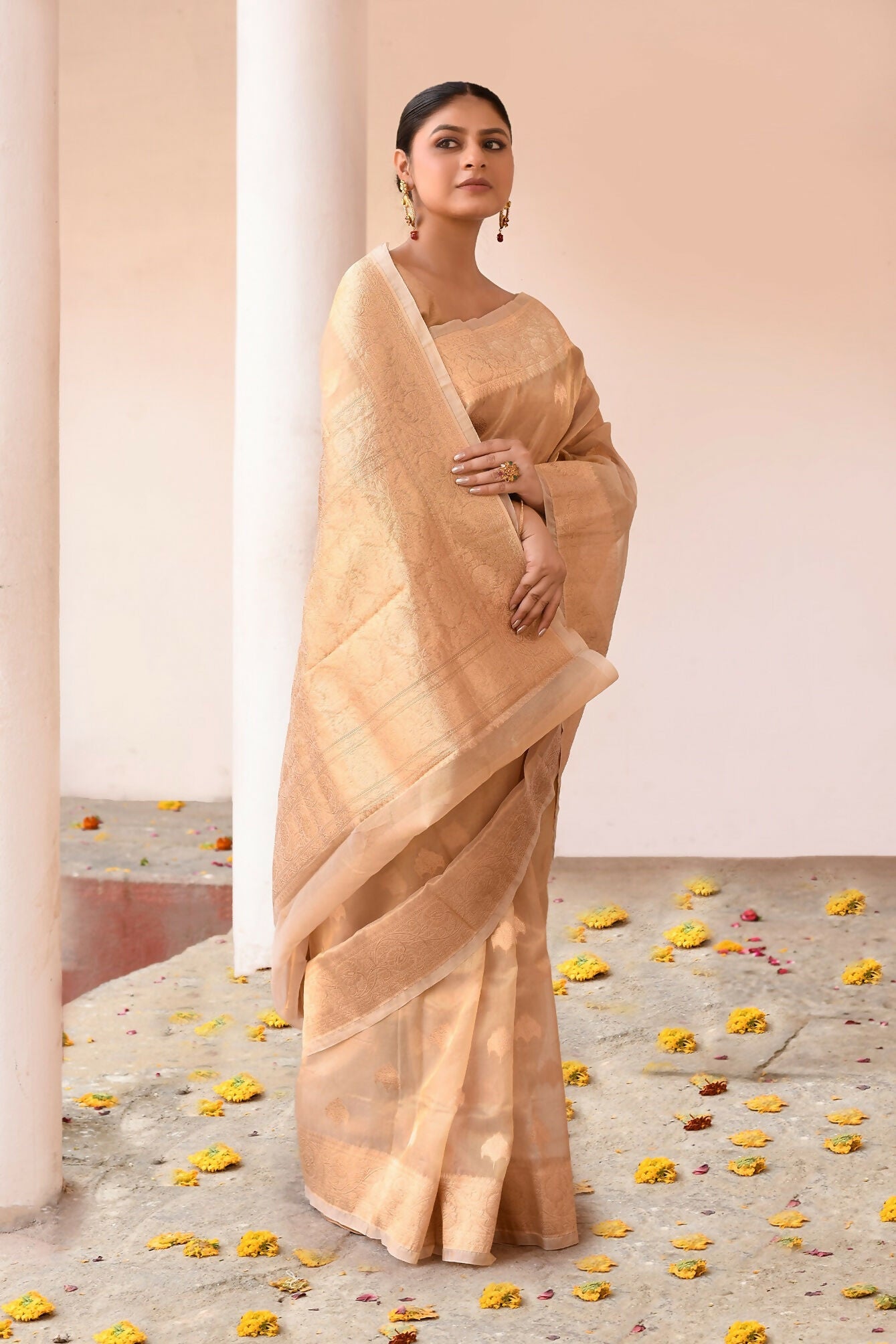 Joban Fashion Gold Banarasi Kora Tissue Pure Handloom Banarasi Silk Saree