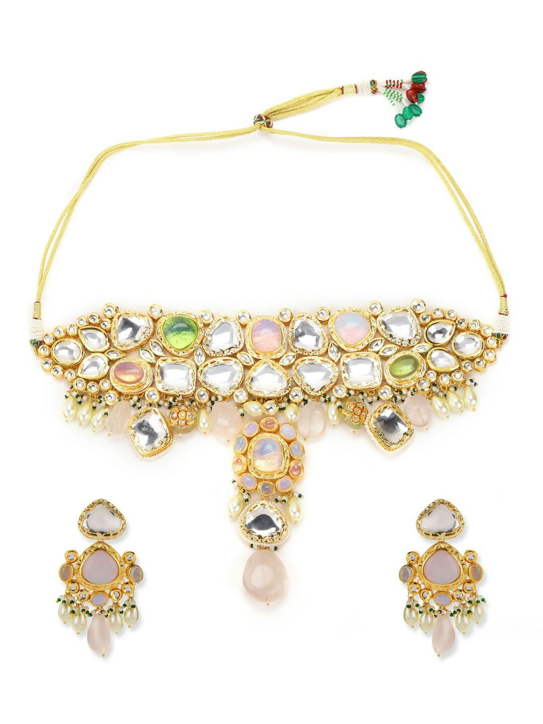 Multi Stone Maharani Kundan Neckpiece with Earrings and Maang Tikka- Ruby Raang