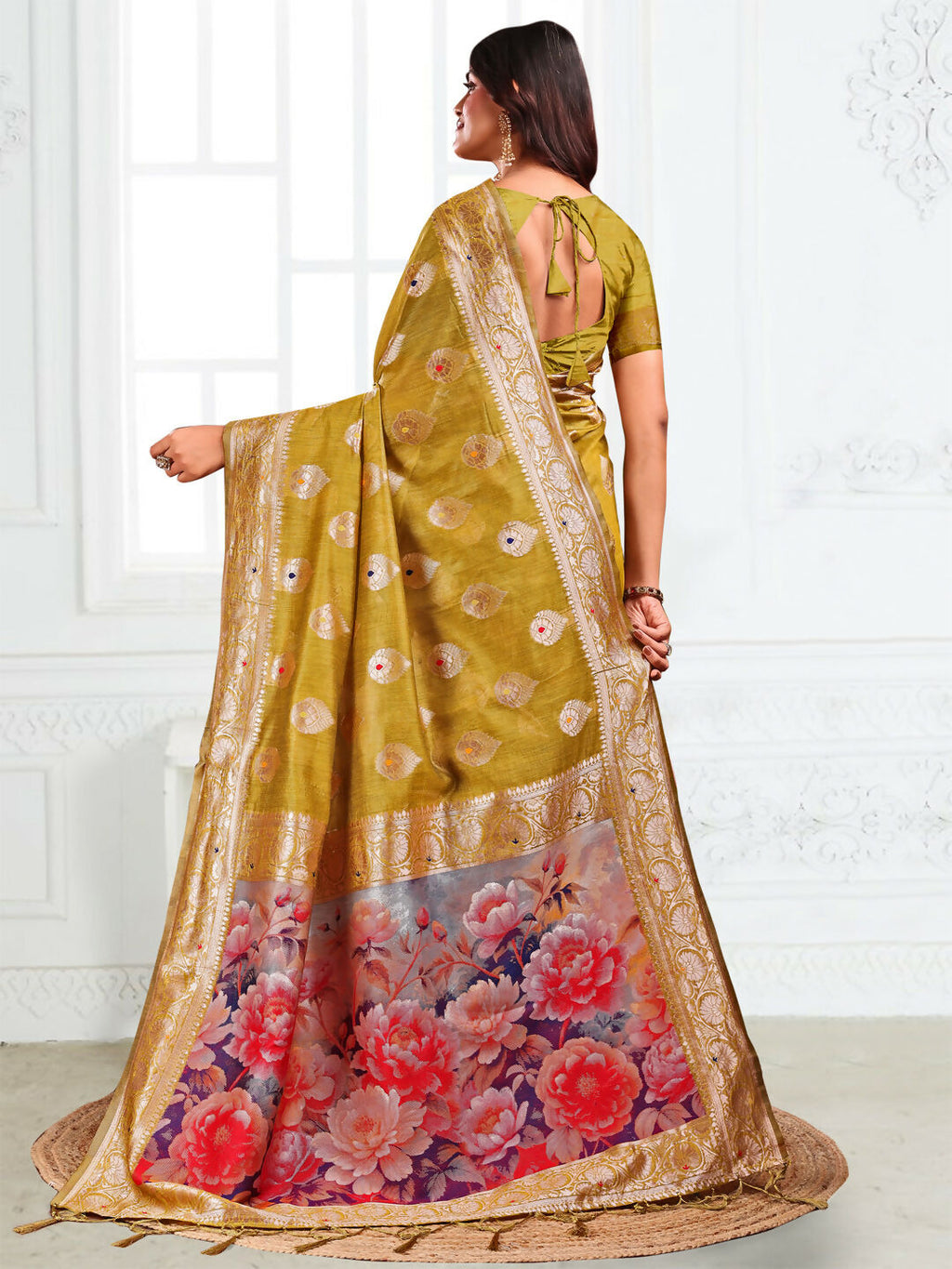Shree Shyam Fashion Linen Cotton Mhendi Green Saree - Distacart