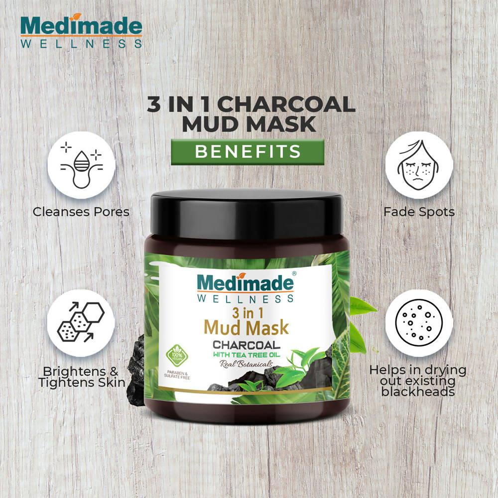 Medimade Wellness 3 in 1 Mud Mask Charcoal with Tea Tree Oil