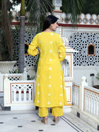 Miravan Women's Cotton Embroidered & Lace Embellished Yellow Bandhani Printed Kurta Palazzo Set
