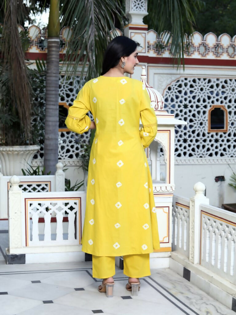 Miravan Women's Cotton Embroidered & Lace Embellished Yellow Bandhani Printed Kurta Palazzo Set