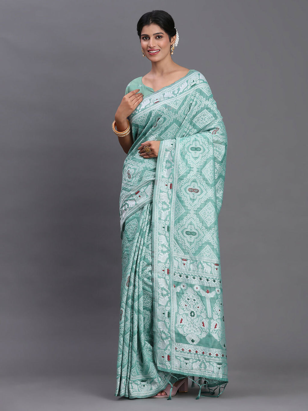 Shree Shyam Fashion Linen Cotton Sea Green Saree - Distacart