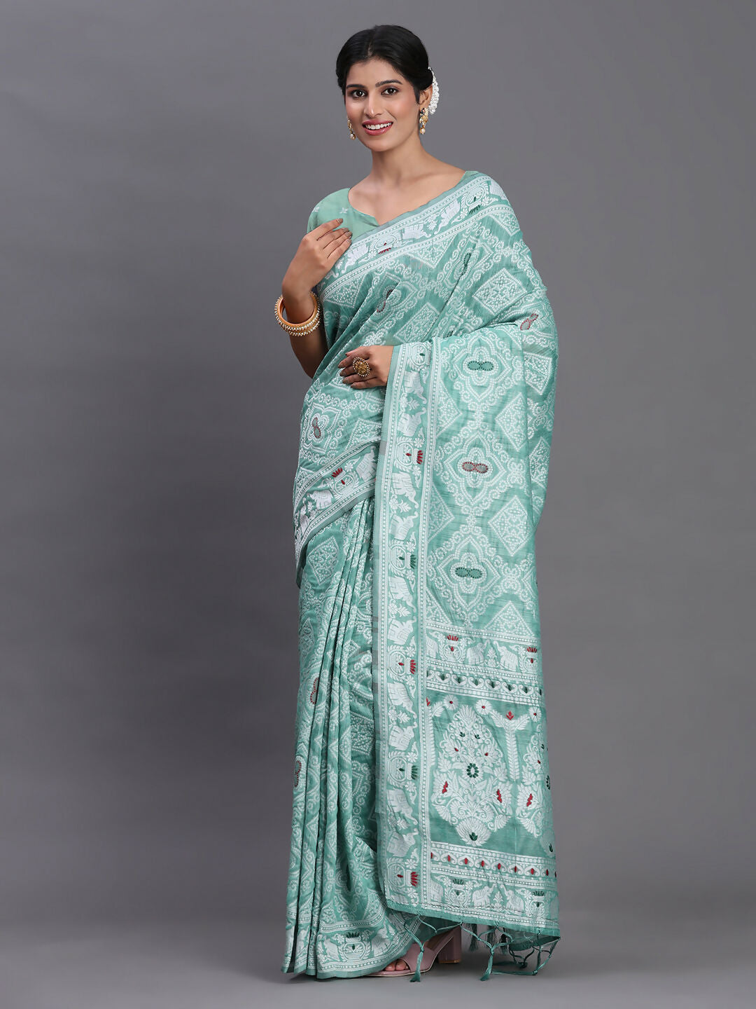 Shree Shyam Fashion Linen Cotton Sea Green Saree - Distacart
