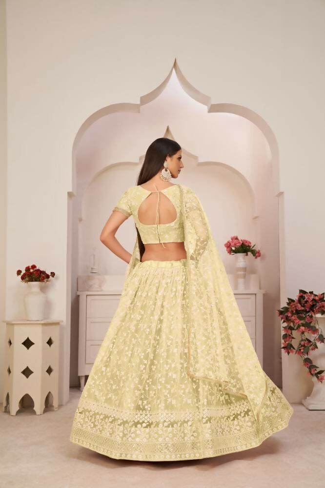 Aastha Fashion Lemon Yellow Butterfly Net White Cotton Thread Work, Zari Work And Sandwich Sequence Work Embroidery Wedding Wear Lehenga Choli