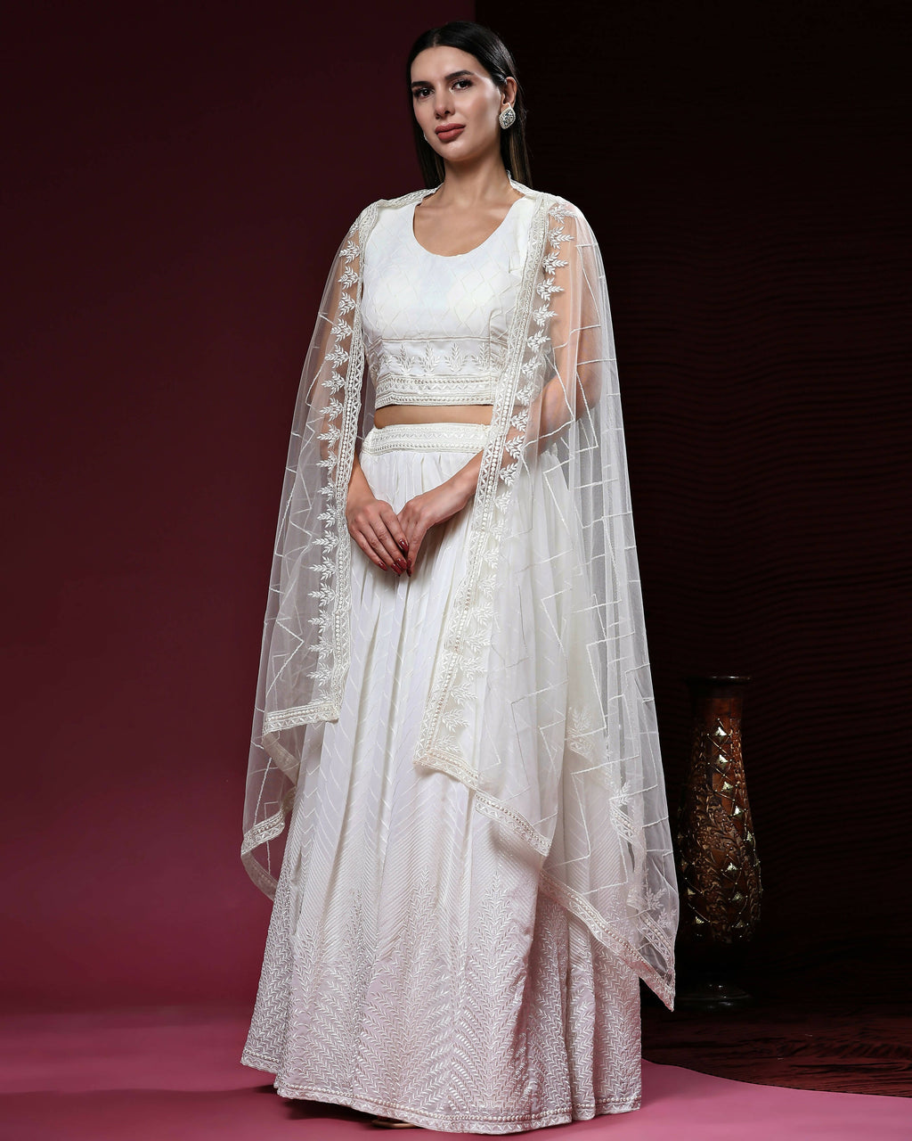 White Pure Viscose Georgette Sequence Embroidery work Lehenga Choli with Dupatta - Aakriti
