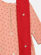 Ahalyaa Peach Crepe Gold Printed Kids Kurta Sets With Dupatta For Girls