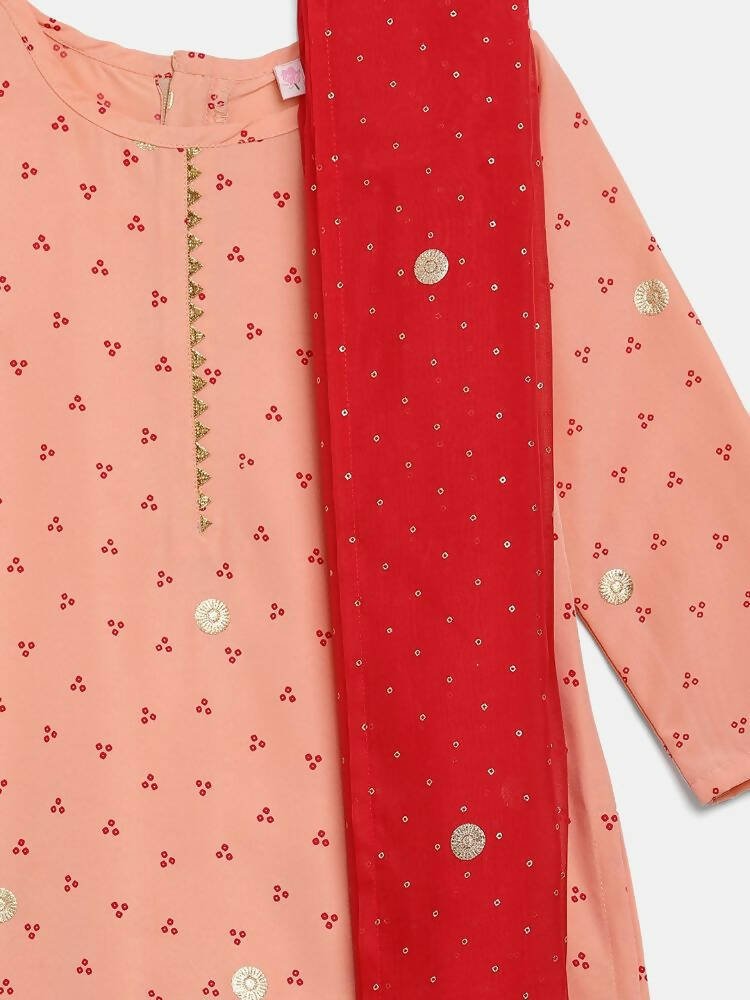 Ahalyaa Peach Crepe Gold Printed Kids Kurta Sets With Dupatta For Girls