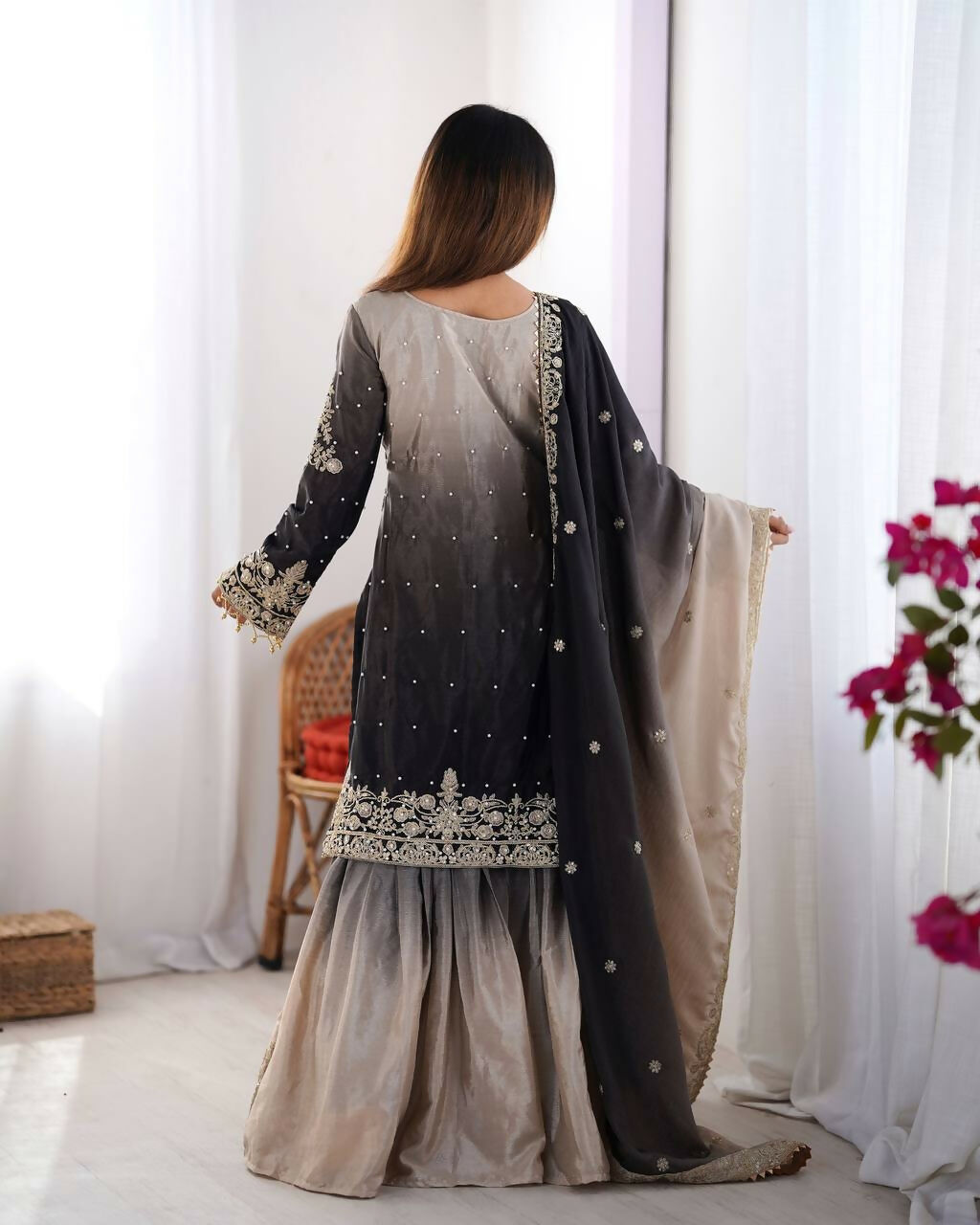 The52 Women's Beautiful Chinon silk Fabric Embroidery Work Straight Kurta Palazzo and Dupatta Set - Distacart