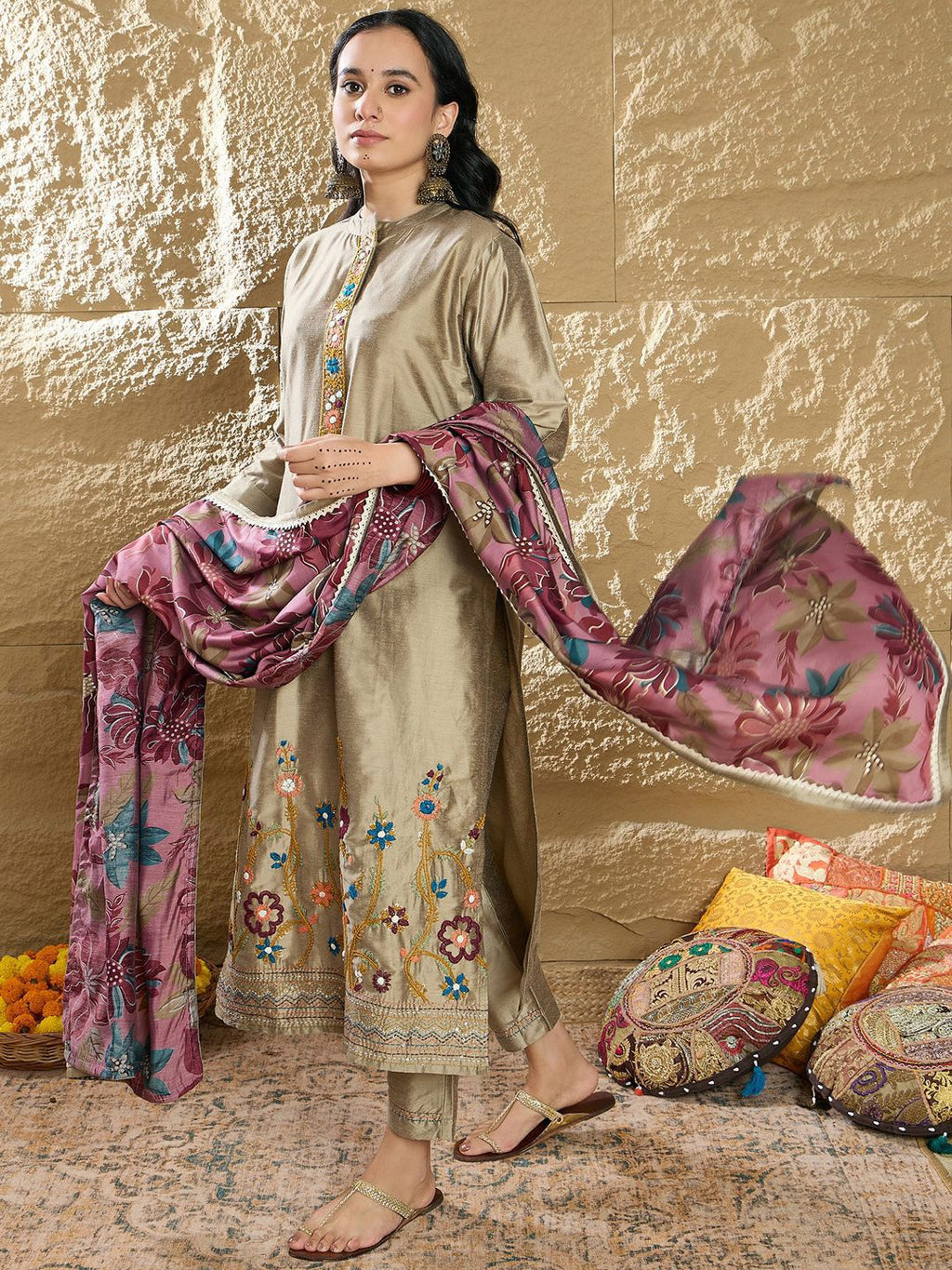 Indo Era Women Floral Embroidered Regular Thread Work Kurta with Trousers & Dupatta - Distacart