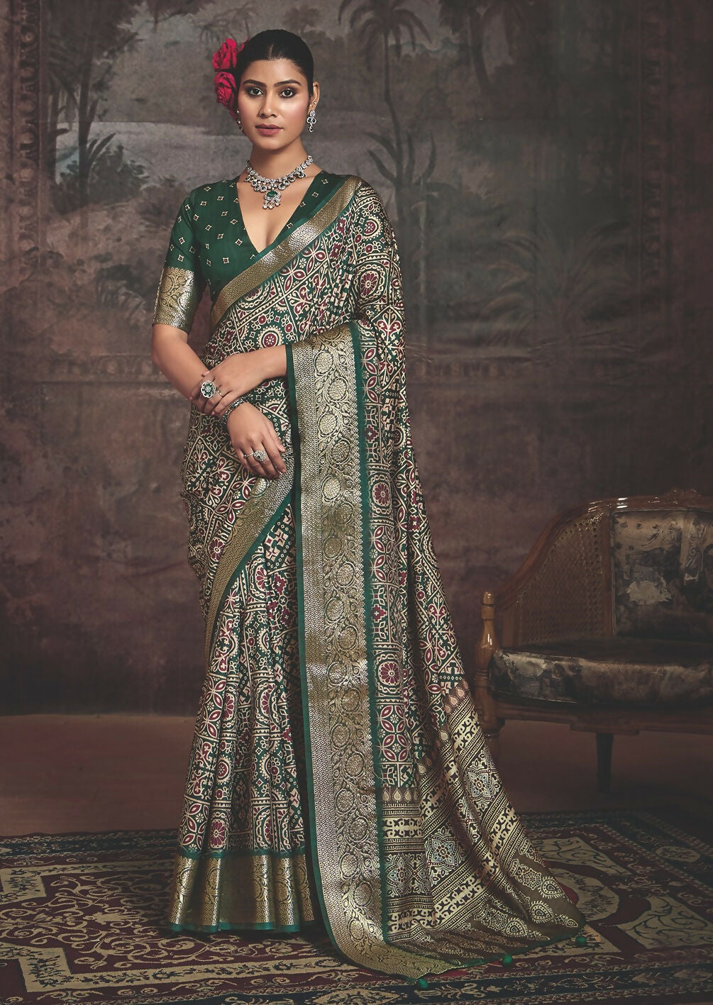 Joban Fashion Green Art Silk With Fine Viscose Border Ajrak Full Body Print With Soft Finish Saree - Distacart