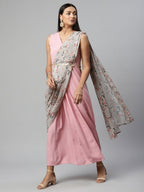 Ahalyaa Women Baby Pink Crepe Georgette Saree Dress With Printed Pallu - Distacart