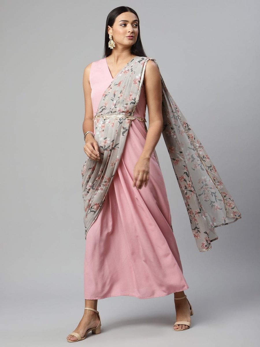 Ahalyaa Women Baby Pink Crepe Georgette Saree Dress With Printed Pallu - Distacart