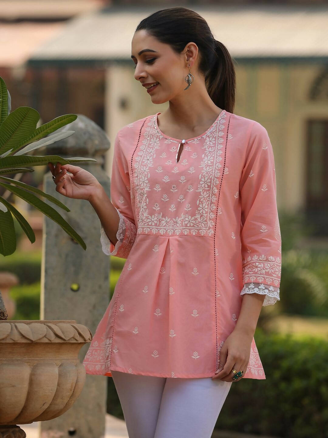 Juniper Women's Peach Cambric Floral Printed Tunic - Distacart