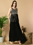 Myshka Women's Black Georgette Top With Skirt Party Sets