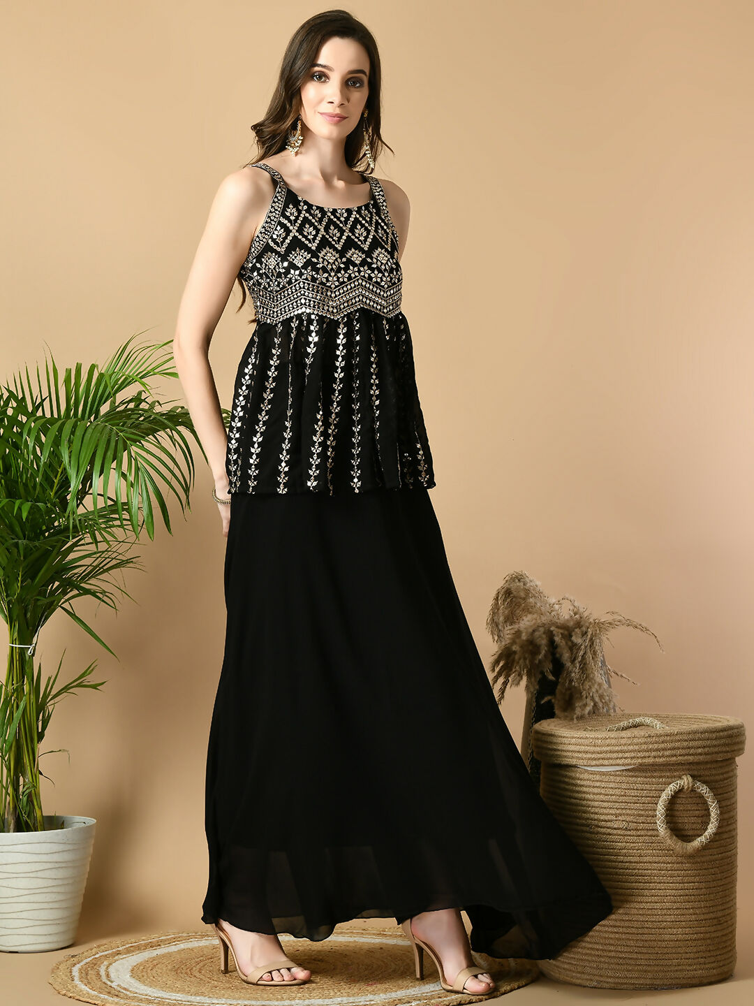 Myshka Women's Black Georgette Top With Skirt Party Sets