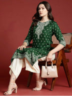 Cheera Women Stylish Hand Block Printed Cotton Blend Flared Kurta - Green