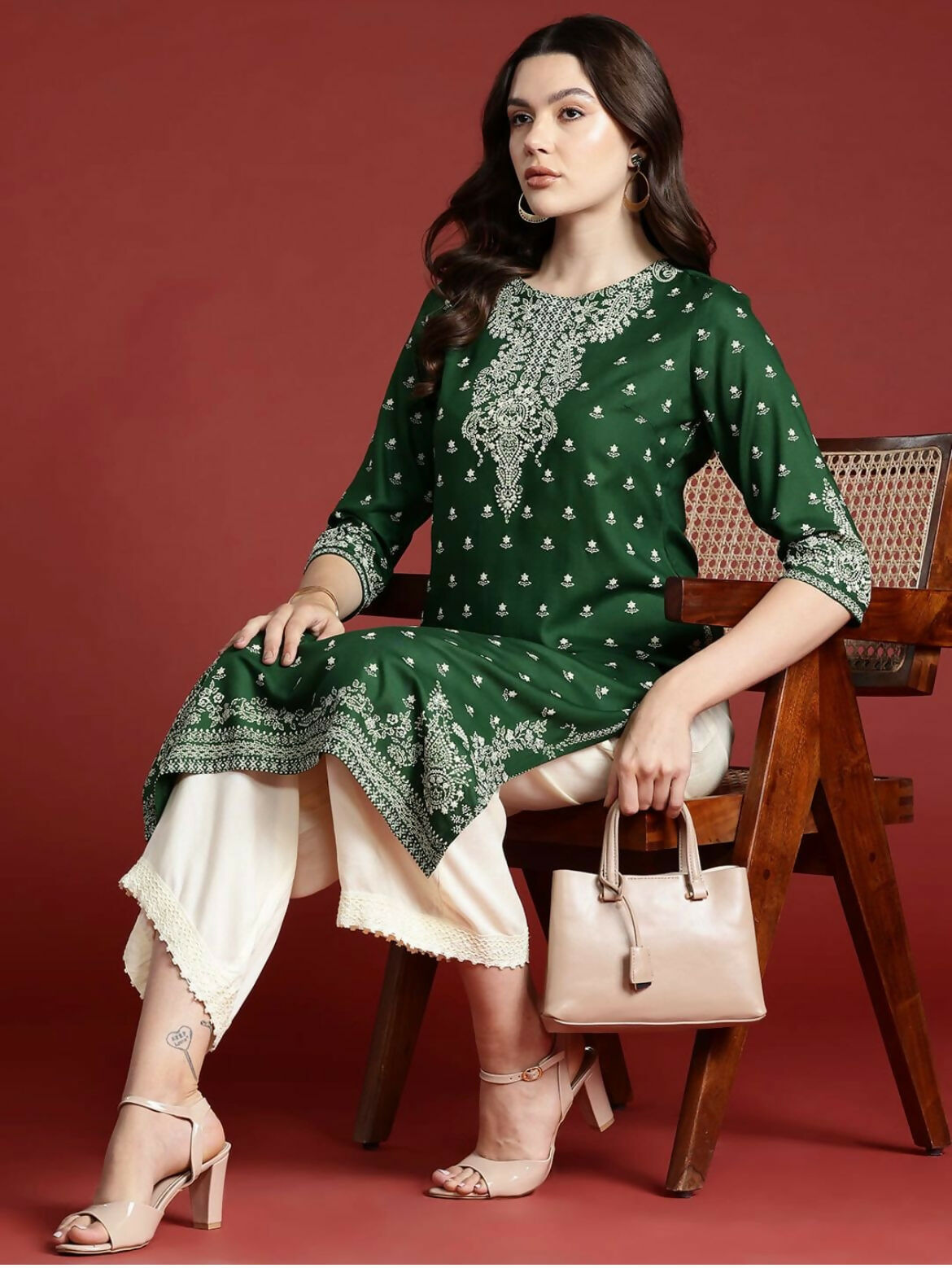 Cheera Women Stylish Hand Block Printed Cotton Blend Flared Kurta - Green