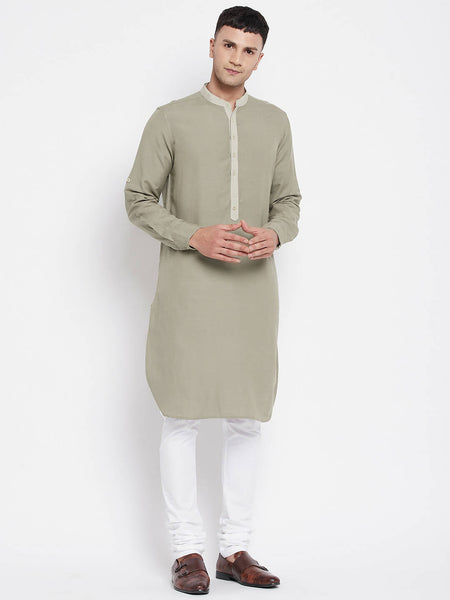 Even Apparels Green Pure Cotton Men's Kurta With Contrast Collar And Placket