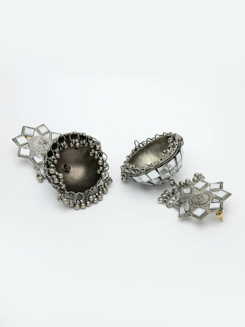 NVR Women Silver Mirror Oxidised Brass-Plated Jhumka Earrings - Distacart
