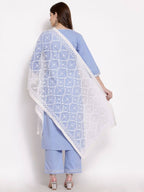 Myshka Beautiful Women's Blue Cotton 3/4 Sleeve Round Neck Solid Casual Kurta Pant Dupatta Set