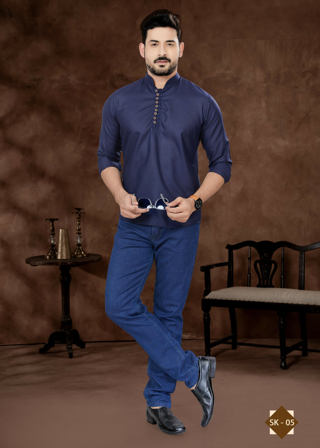 Joban Fashion Men's Pure Cotton Navy Blue Plain Short Kurta
