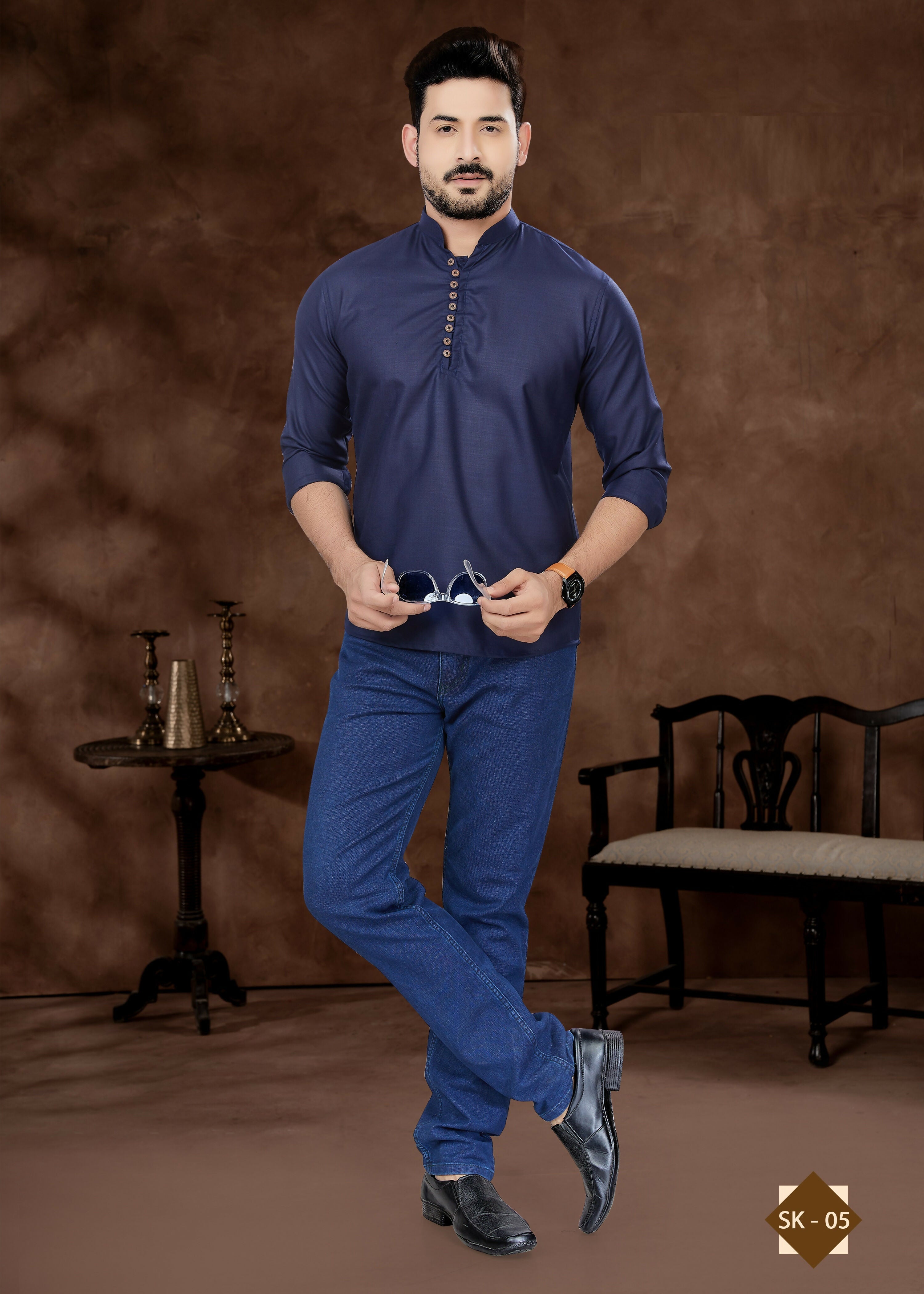 Joban Fashion Men's Pure Cotton Navy Blue Plain Short Kurta