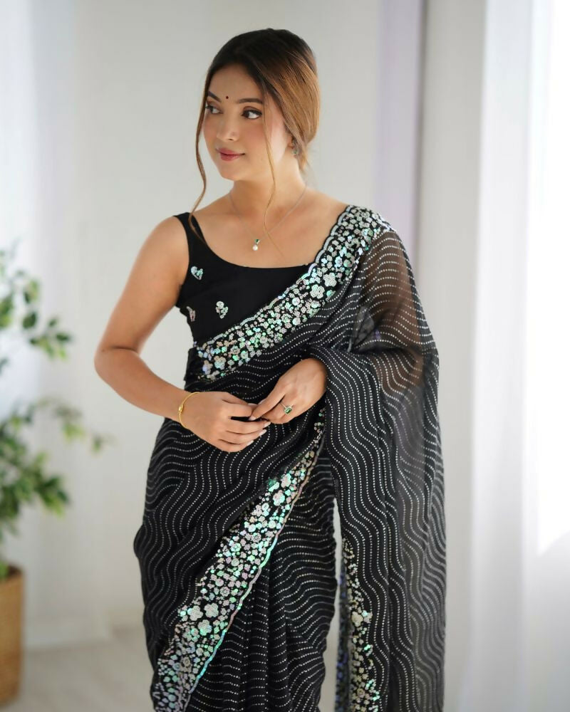 Georgette Designer Sequance Embroidery Work Party Wear Saree - Black