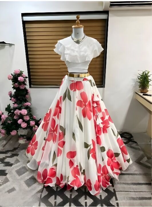 Dishitha Creation Floral Printed Stitched Lehenga & Crop Top - White & White