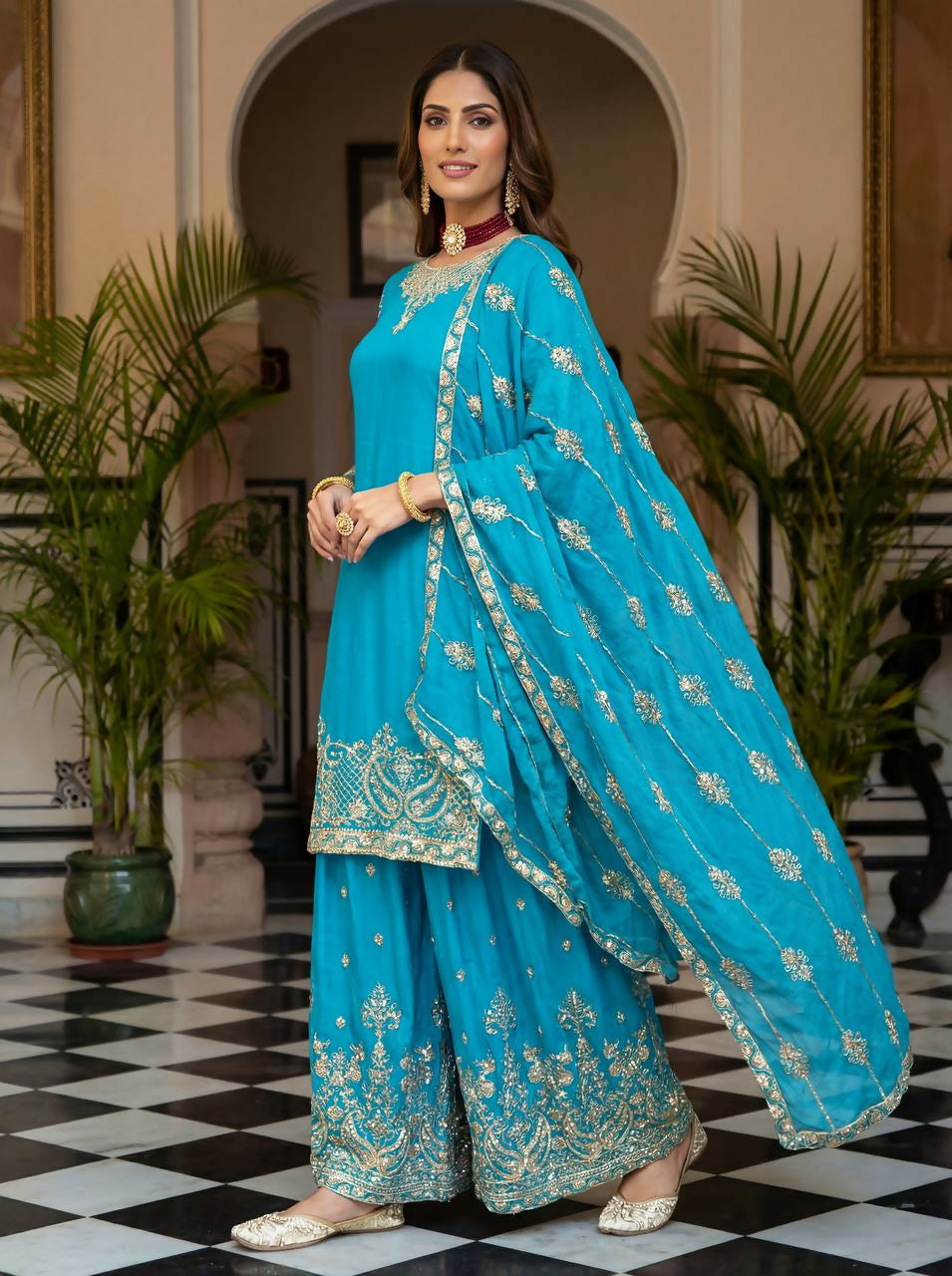 Teeya Creation Sky Chinon Silk Designer Wedding Wear Embroidery Work Palazzo - Distacart