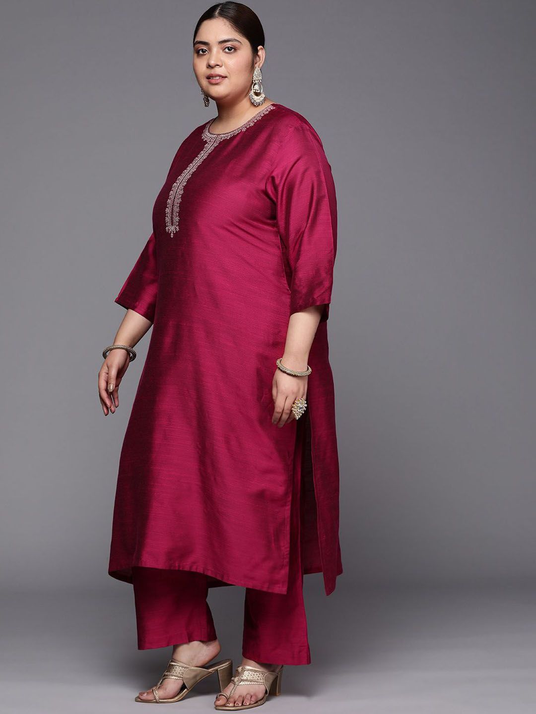 Sztori Plus Size Floral Embroidered Straight Kurta & Trousers With Dupatta - Distacart