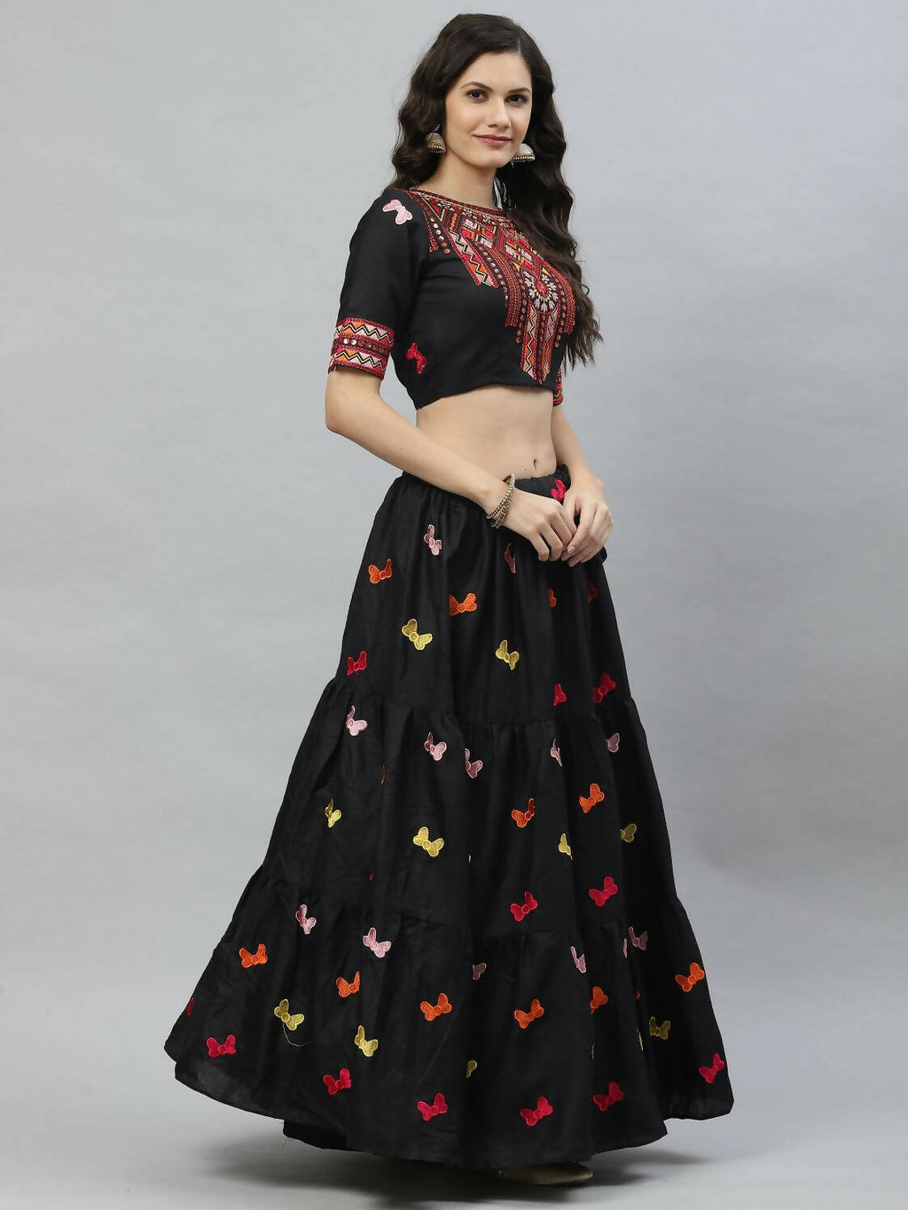 Black Cotton Embroidered Work Lehenga Choli with Dupatta - Jivika