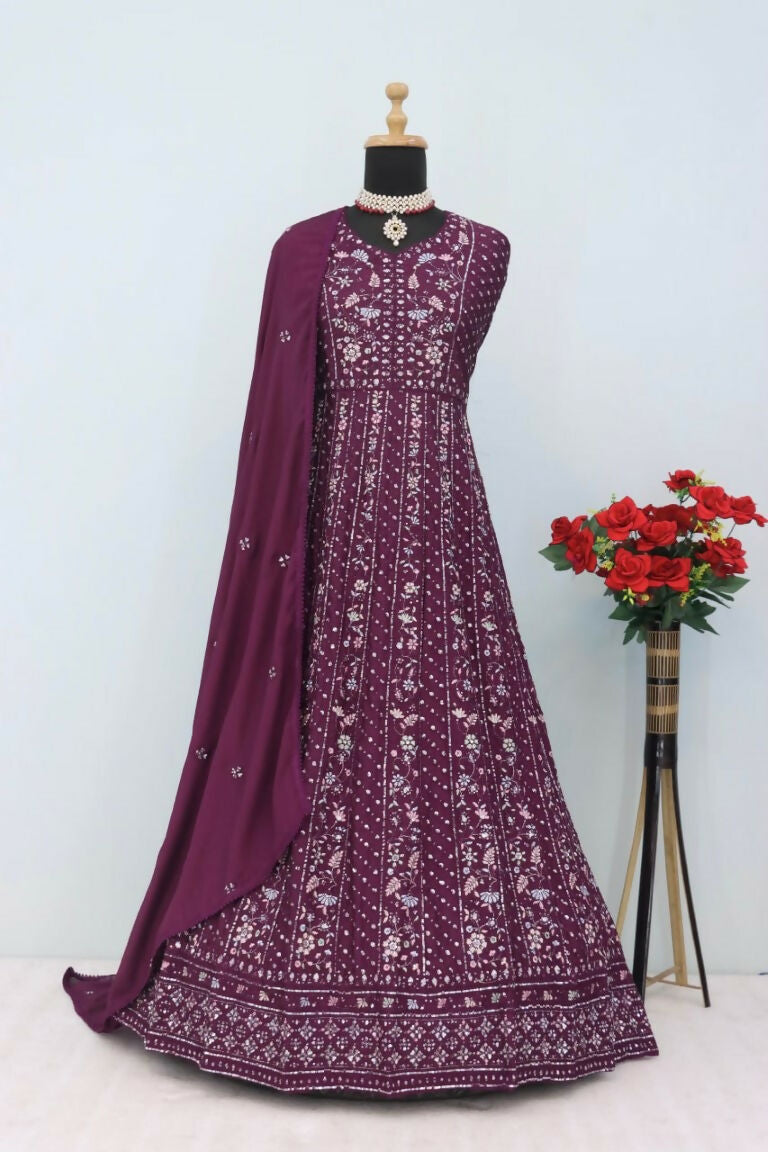 Vastranavya Wine Chikankari Embroidered Sequence Work Abaya Suit