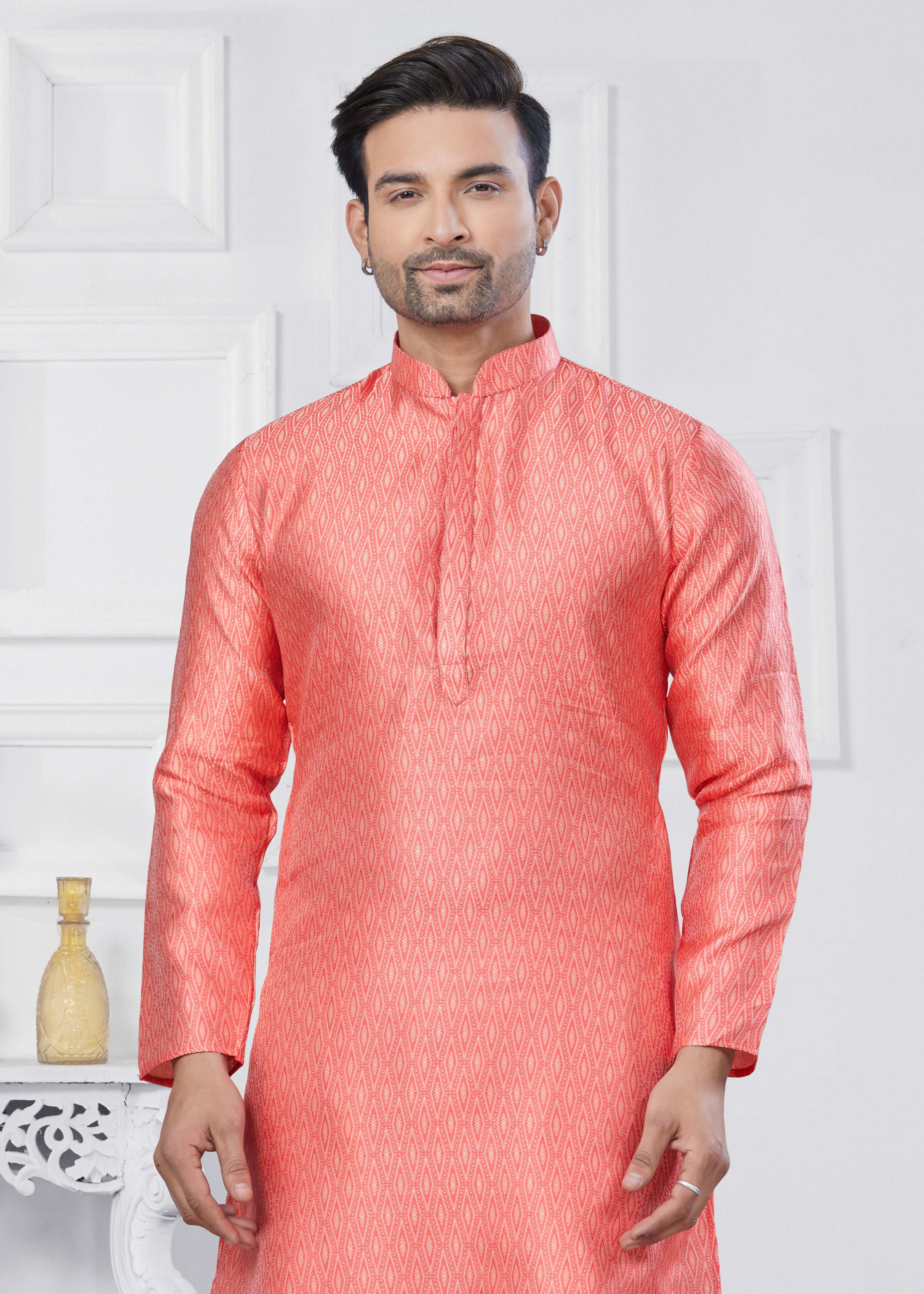 Joban Fashion Men's Jacquard Silk Pink Printed Kurta Pyjama set