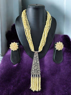 Inhanns Day-To-Dinner Tie Shaped Oxidized Black Metal Multi-Layered Long Necklace Set - Cream