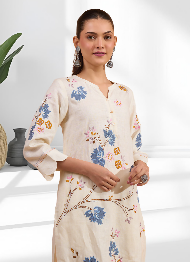 Joban Fashion Cream Linen Embroidered Readymade Long Kurta With Pant - Distacart